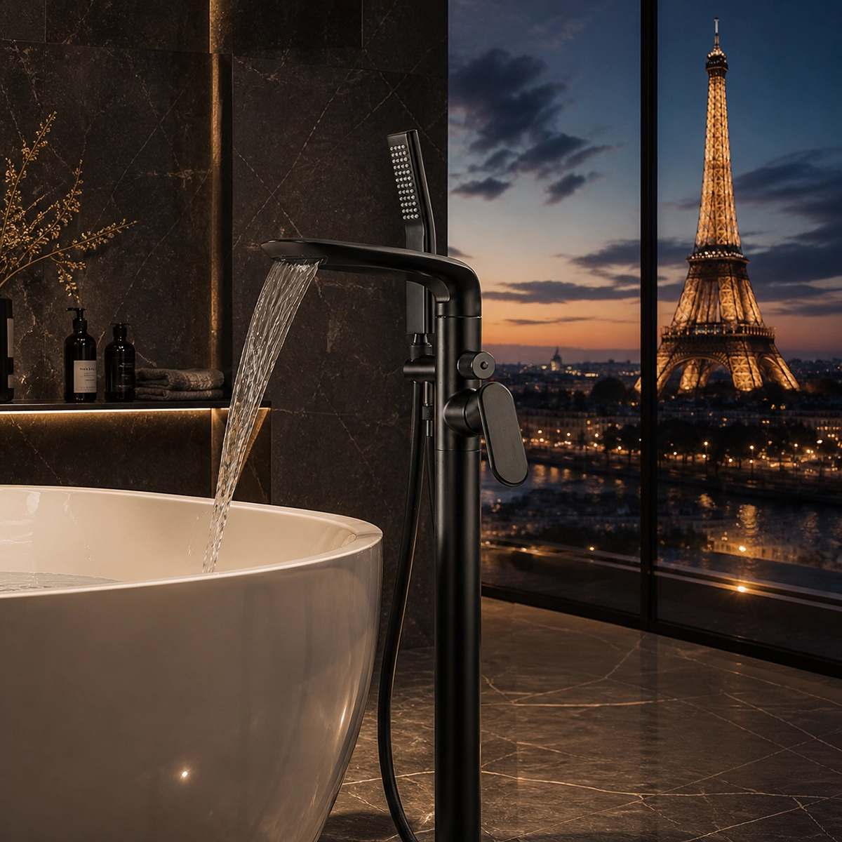 Détail mitigeur de baignoire sur pied noir mat Stim